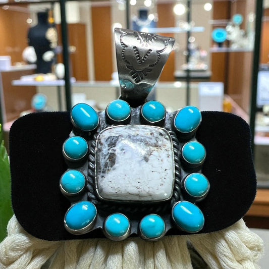 Genuine Wild Buffalo and Kingman Turquoise Pendant - Artist Ned Nez Signed and Stamped Cedar Hill Country Market