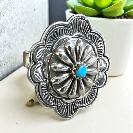 Genuine Sterling Silver and Kingman Turquoise Concho Ring - Adjustable Cedar Hill Country Market