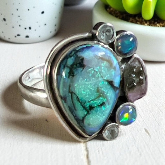 Multi Stone Genuine Fire Opal and Laborite Ring - Adjustable Cedar Hill Country Market