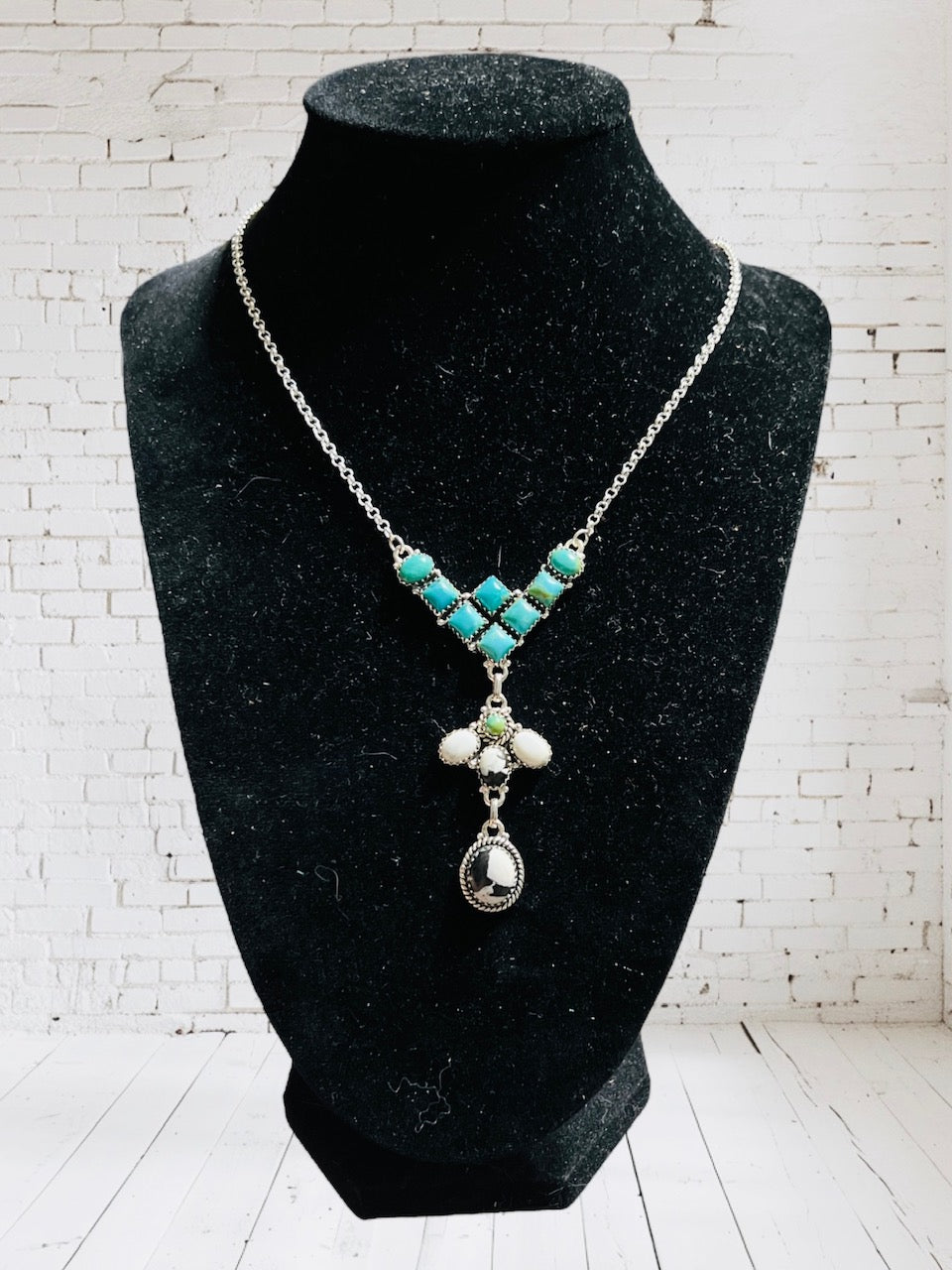 Genuine Wild Buffalo and Kingman Turquoise 18" Sterling Silver Necklace Cedar Hill Country Market