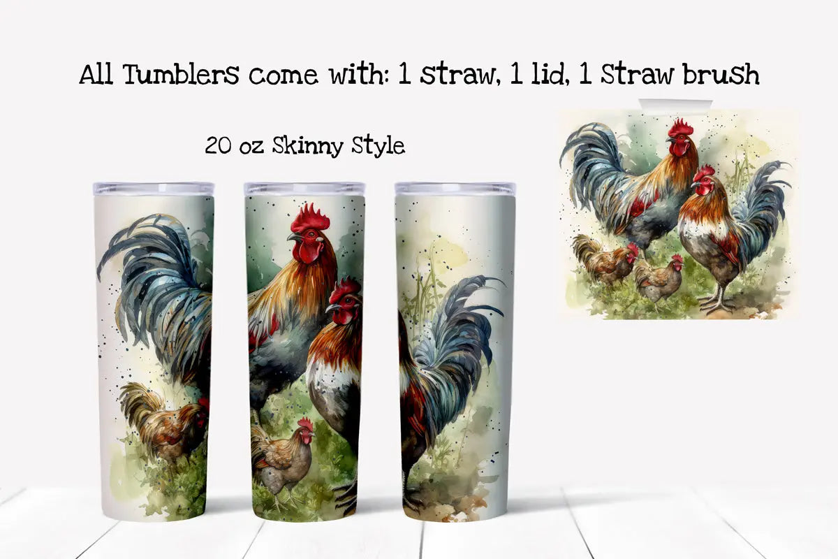 Rooster and Hen Watercolor Paradise 20 oz Tumbler CedarHill Country Market