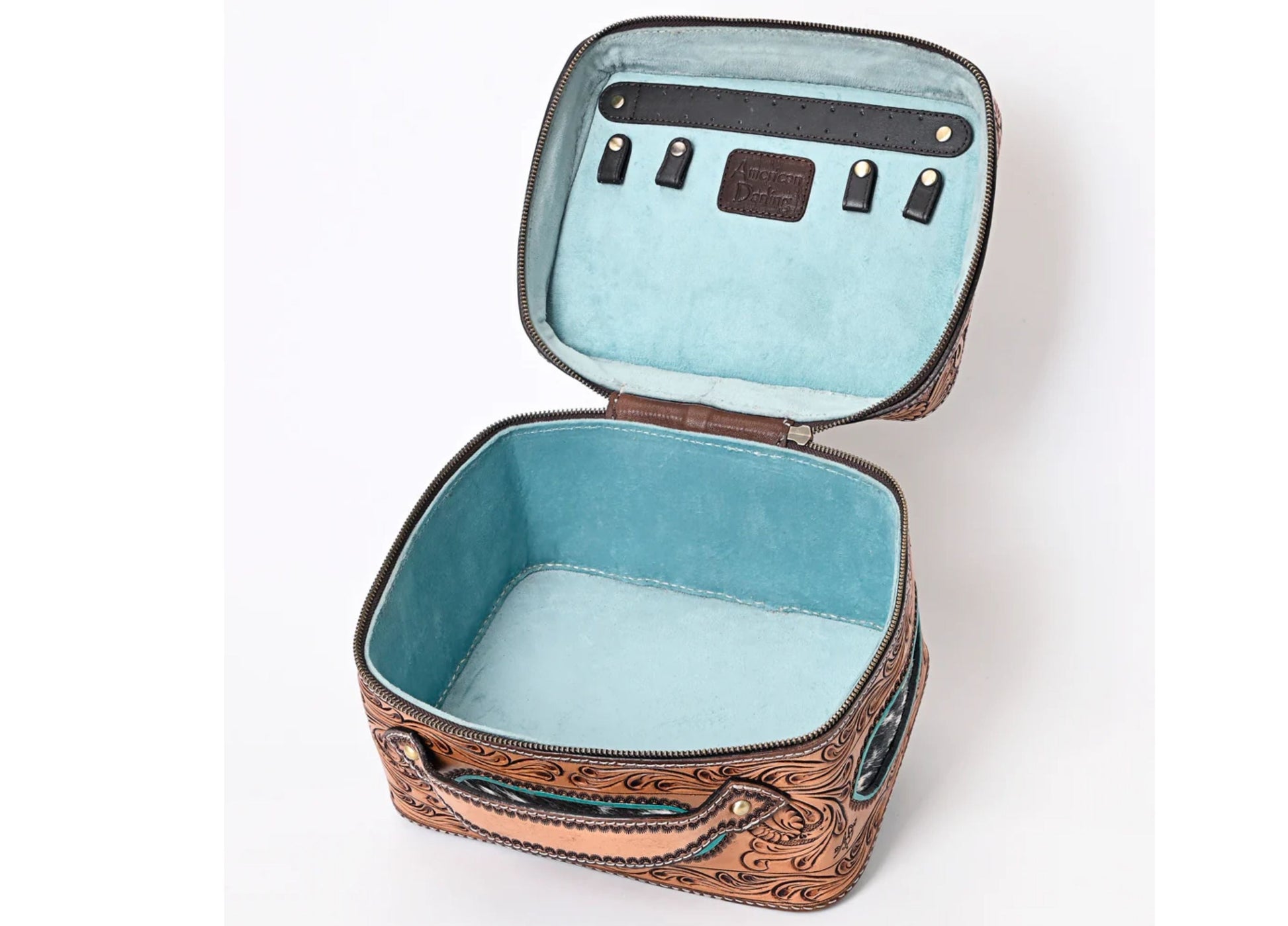 American Darling Hand Tooled Leather Hair-On Cowhide Jewelry Case Cedar Hill Country Market