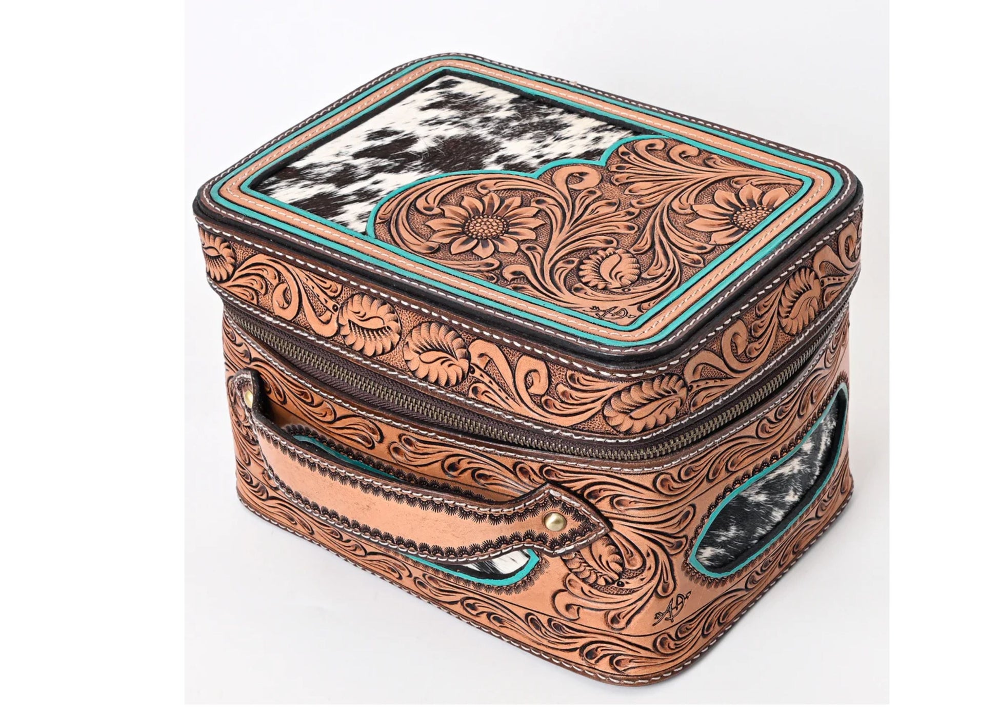 American Darling Hand Tooled Leather Hair-On Cowhide Jewelry Case Cedar Hill Country Market