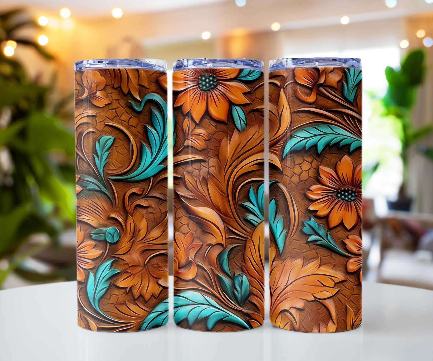 Tooled Leather Sunflowers 20 oz Insulated Skinny Tumbler Cedar Hill Country Market