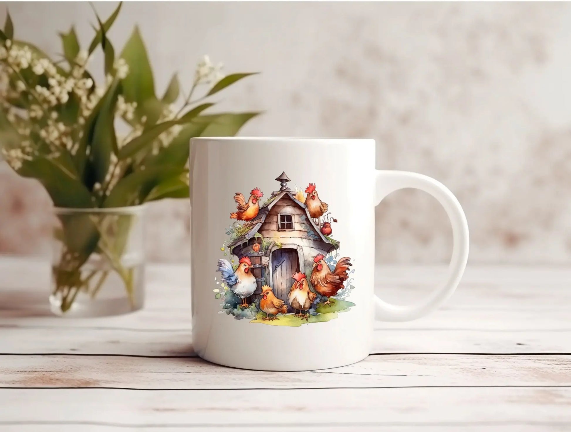 Watercolor Rooster and Hen Chicken Coop 12 oz Coffee Mug CedarHill Country Market