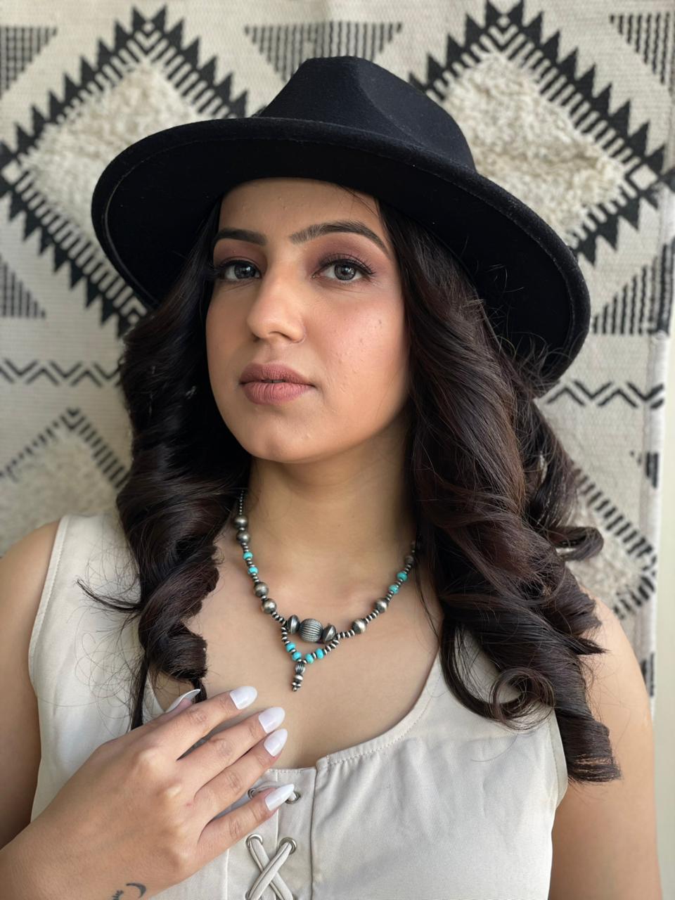 Handmade Sterling Silver Beaded Kingman Turquoise Necklace "Signed Nizhoni" Nizhoni Traders LLC