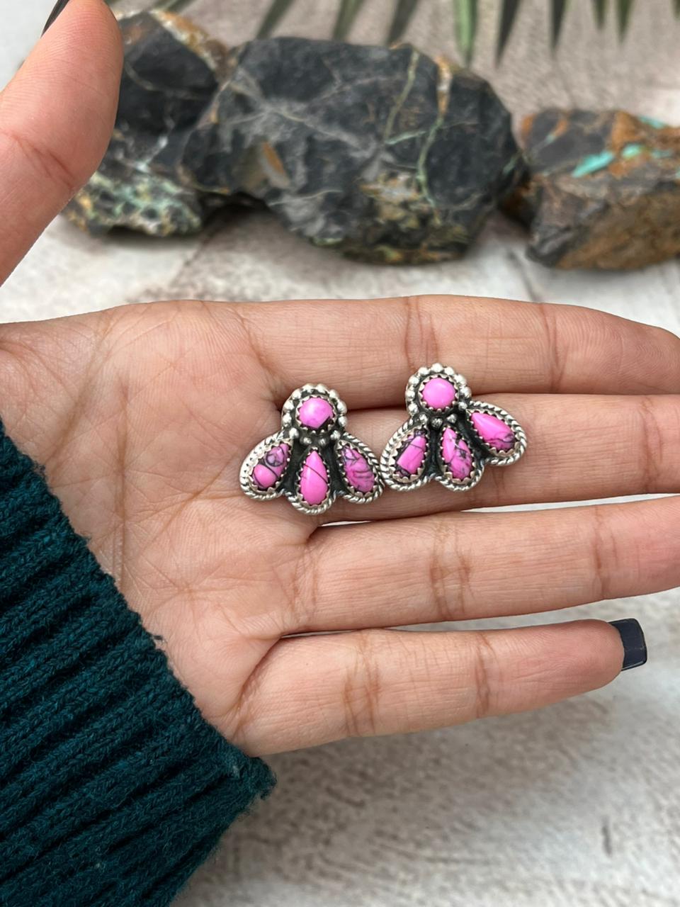 Handmade Sterling Silver Cherry Blossom Post Studs Earrings "Signed Nizhoni" Nizhoni Traders LLC