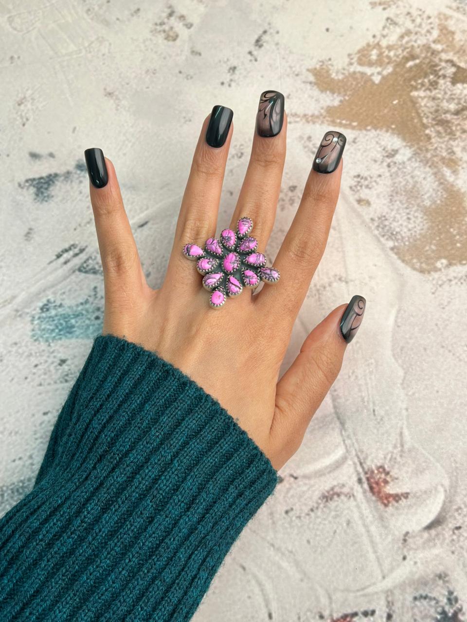 Handmade Sterling Silver Cherry Blossom Adjustable Ring "Signed Nizhoni" Nizhoni Traders LLC
