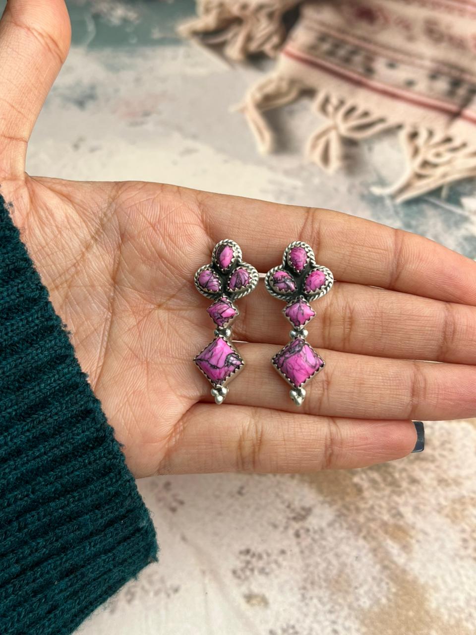 Handmade Sterling Silver Cherry Blossom Post Earrings "Signed Nizhoni" Nizhoni Traders LLC