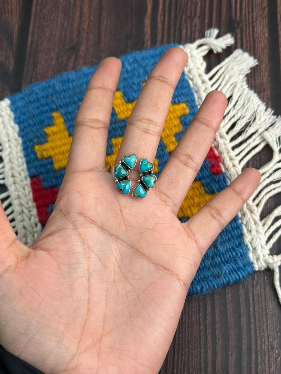 "Heart Collection" Handmade Sterling Silver Kingman Turquoise Adjustable Ring "Signed Nizhoni" Nizhoni Traders LLC