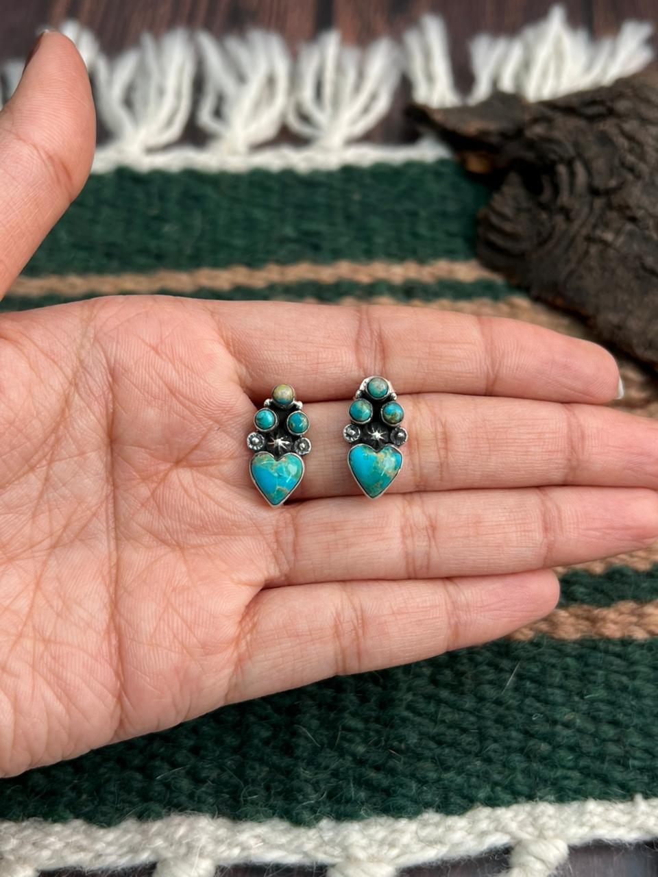 "Heart Collection" Handmade Sterling Silver Kingman Turquoise Post Studs Earrings "Signed Nizhoni" Nizhoni Traders LLC