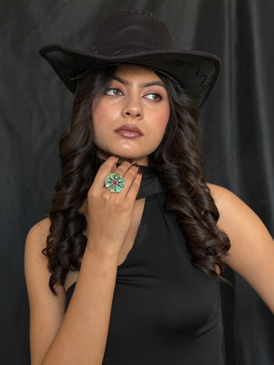 Handmade Sterling Silver Dahlia Rose With Emerald Valley Turquoise Ring "Signed Nizhoni" Nizhoni Traders LLC