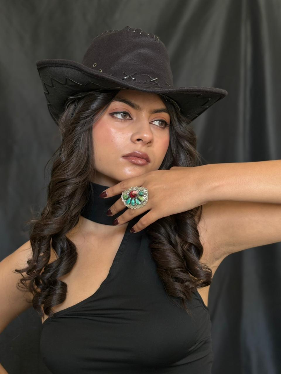 Handmade Sterling Silver Dahlia Rose With Emerald Valley Turquoise Ring "Signed Nizhoni" Nizhoni Traders LLC