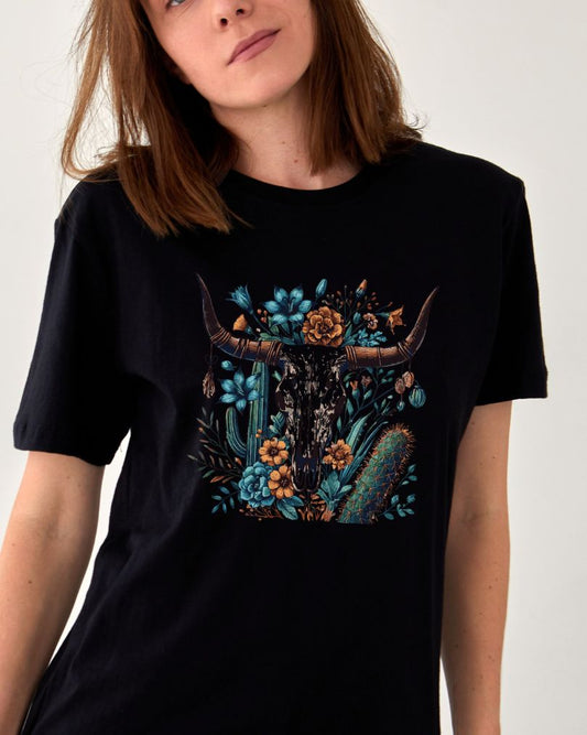 Western Floral Skull Unisexed TShirt - black Cedar Hill Country Market