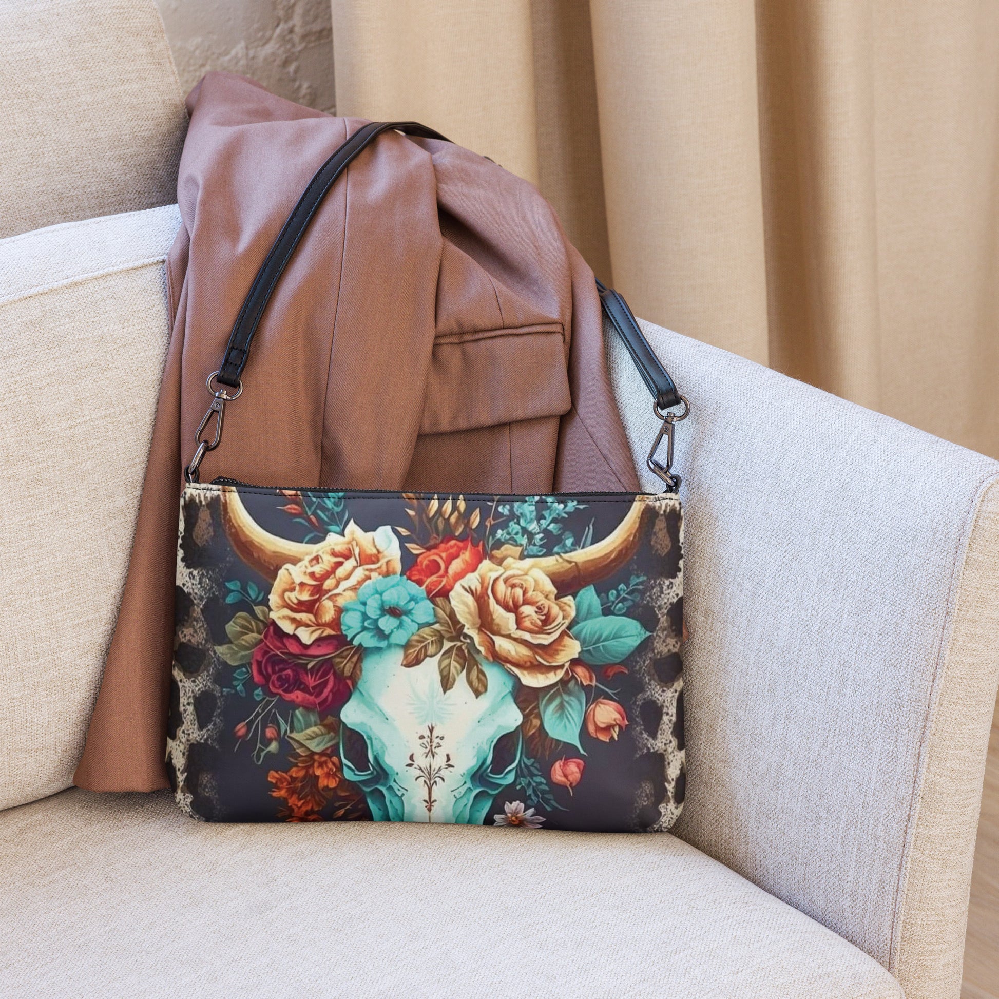 Floral Bull Head with Leopard Print and Adjustable Straps/Crossbody bag CedarHill Country Market