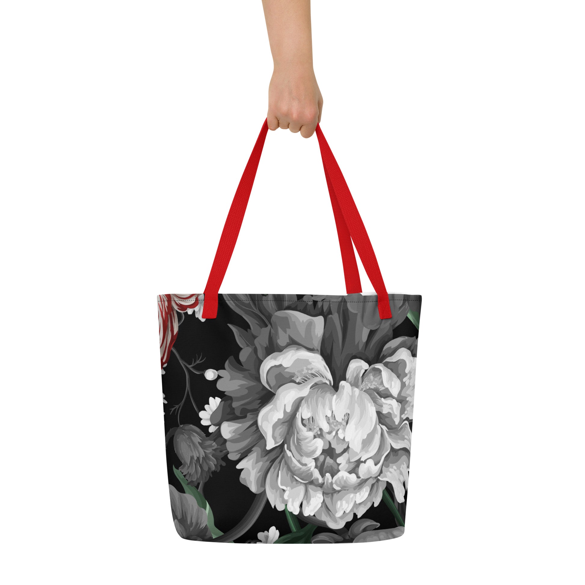 Gothic Black and Red Peony All-Over Print Large Tote Bag CedarHill Country Market