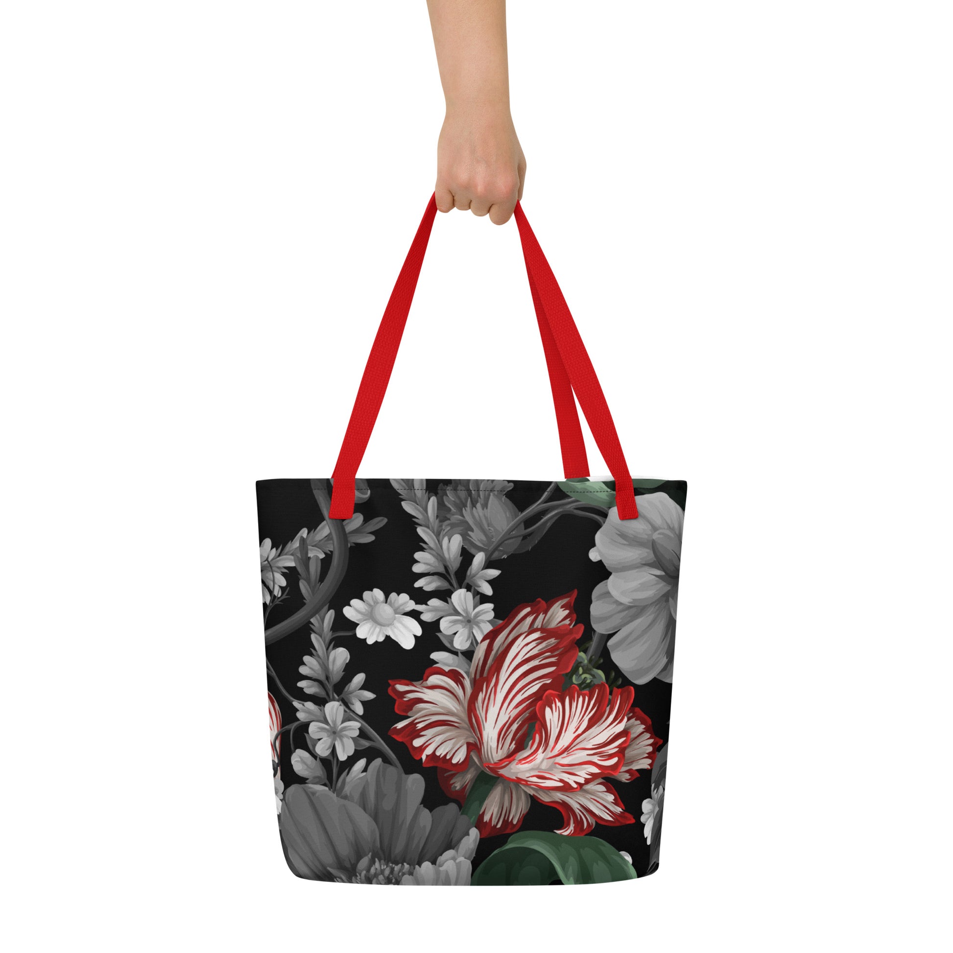 Gothic Black and Red Peony All-Over Print Large Tote Bag CedarHill Country Market