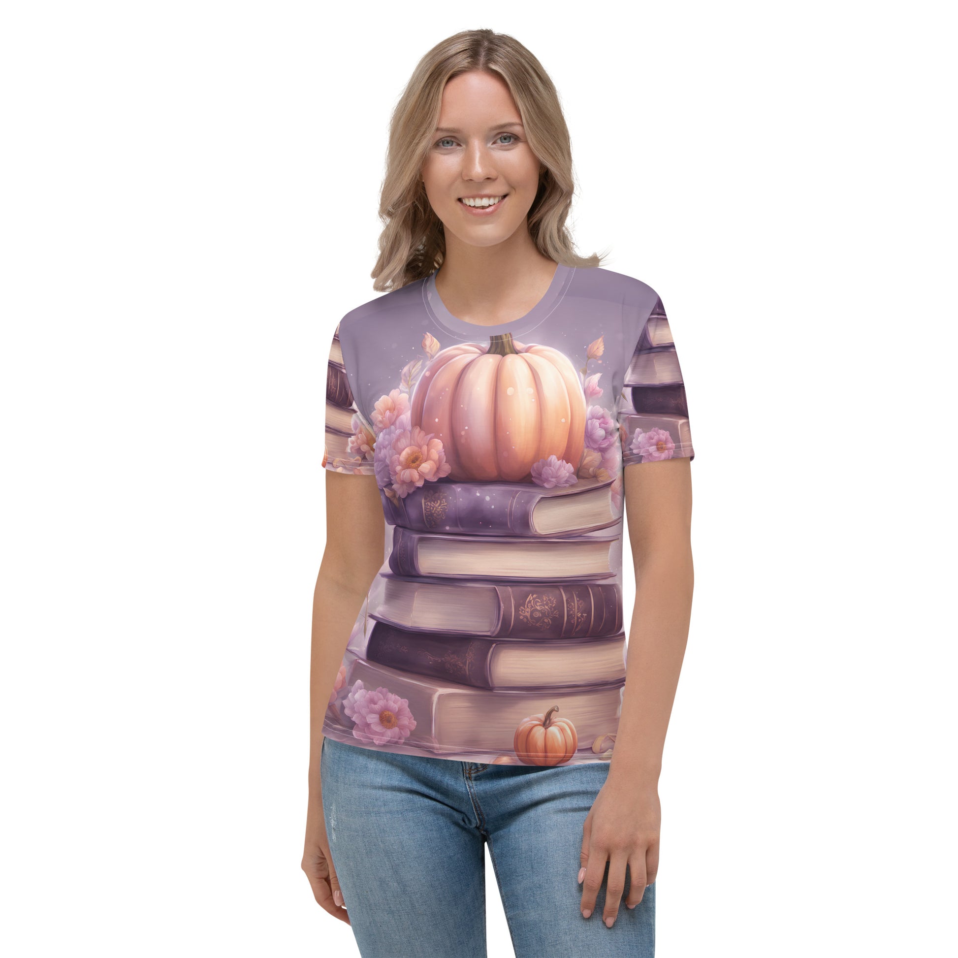 Fall Stack of Books Sublimation Printed Women's T-shirt CedarHill Country Market