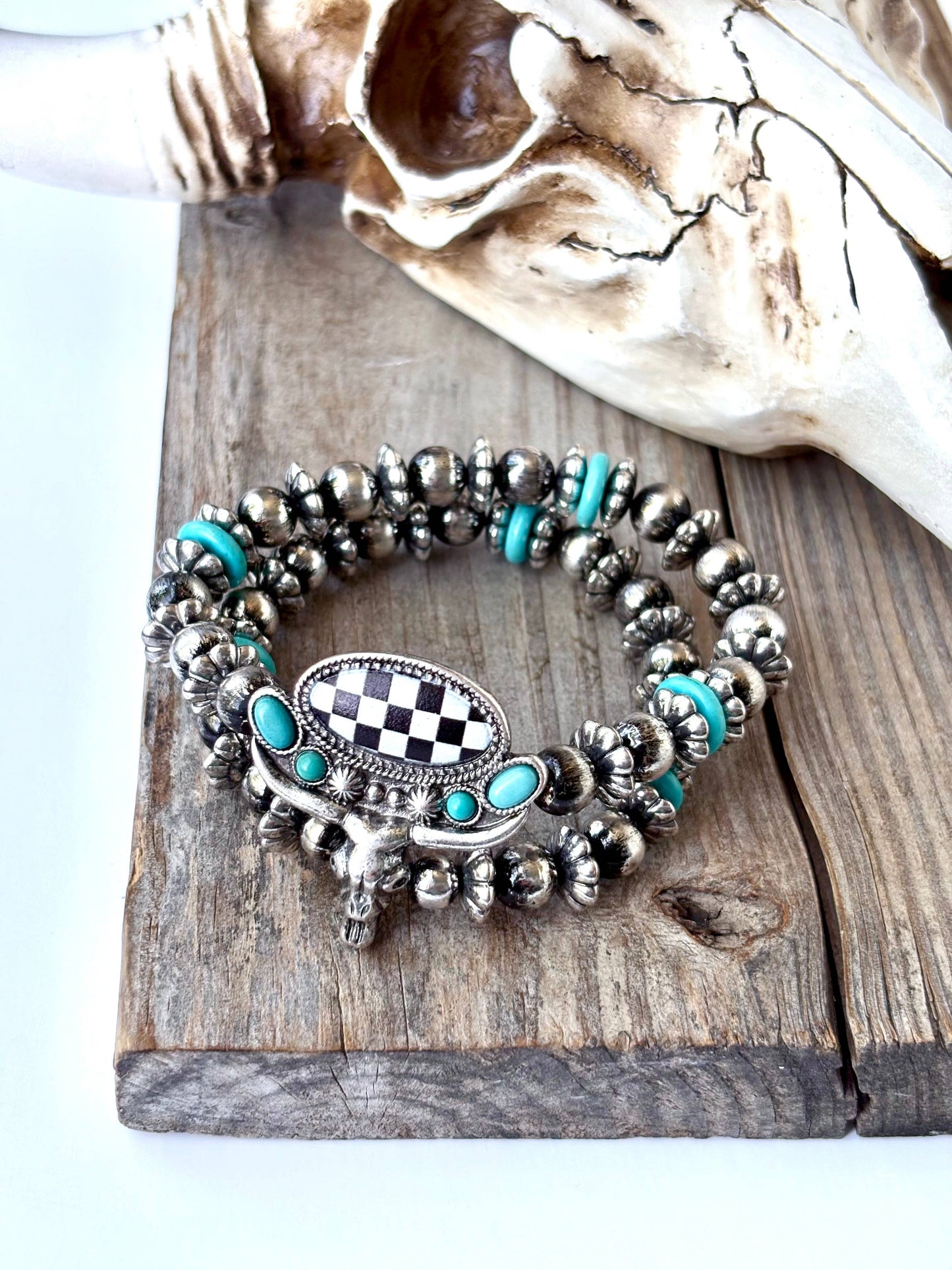 2 Layered Western Steerhead Checkerboard Stretch Bracelet Boho Ranch Shop
