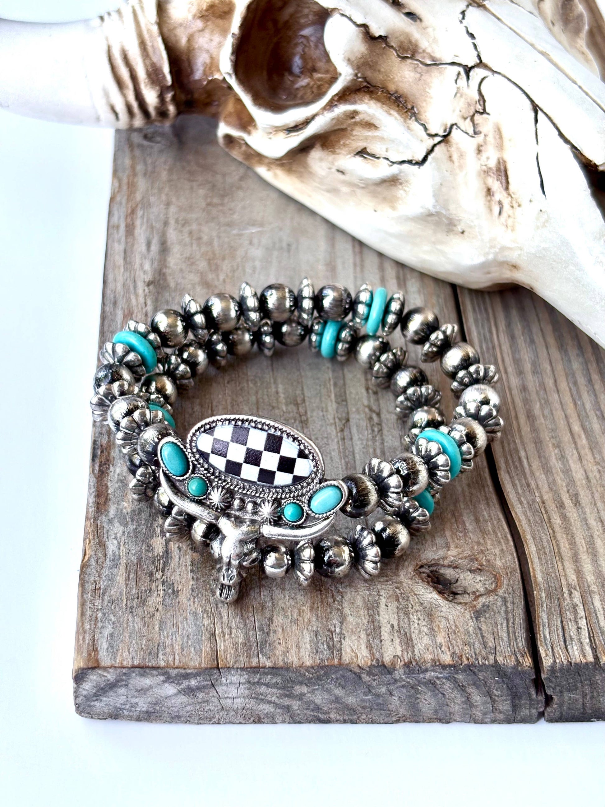 2 Layered Western Steerhead Checkerboard Stretch Bracelet Boho Ranch Shop