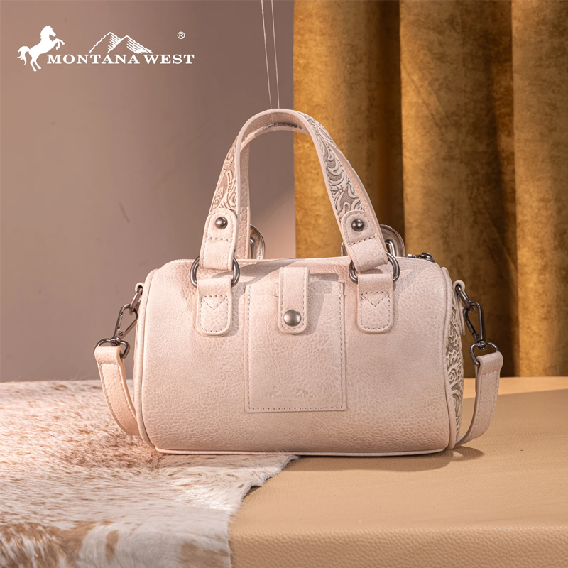 Montana West Western Tooled Buckle Collection Mini Barrel Crossbody Bag -Beige Cedar Hill Country Market
