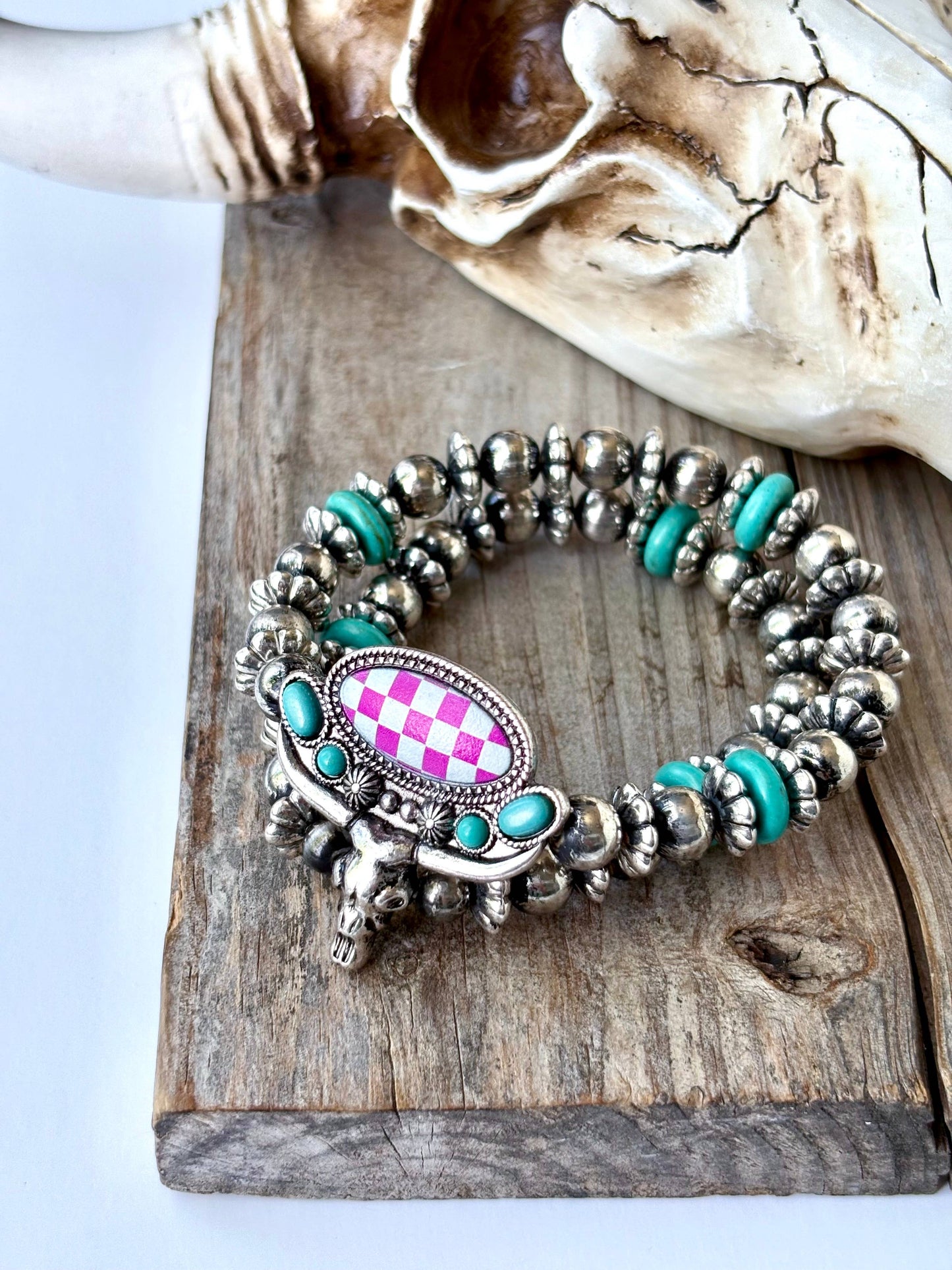 2 Layered Western Steerhead Checkerboard Stretch Bracelet Boho Ranch Shop