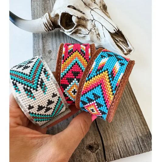 Western Aztec Pattern Seed Bead Leather Cuff Bracelet No 607 Cedar Hill Country Market