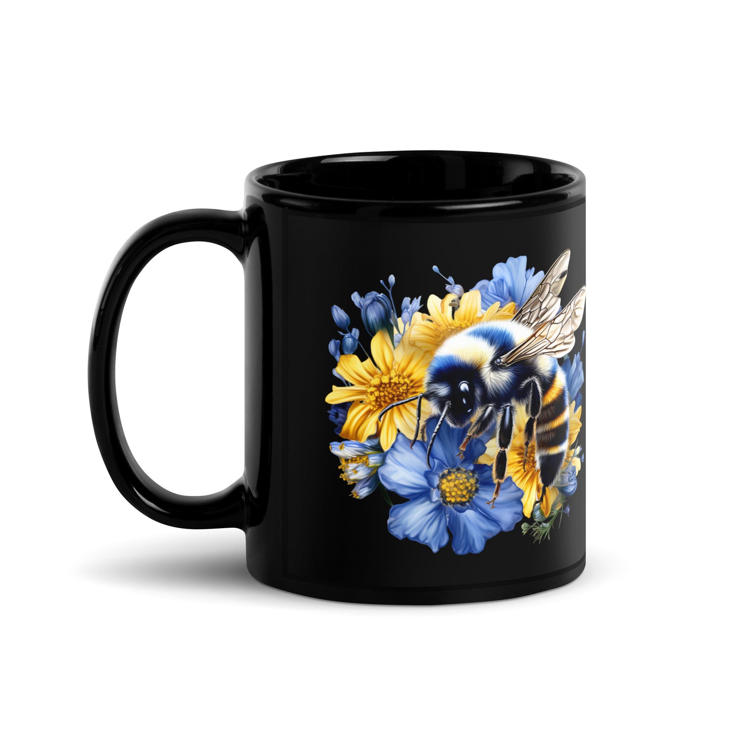 Honey Bee Blue Floral Black Glossy Mug CedarHill Country Market