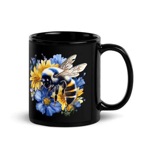 Honey Bee Blue Floral Black Glossy Mug CedarHill Country Market