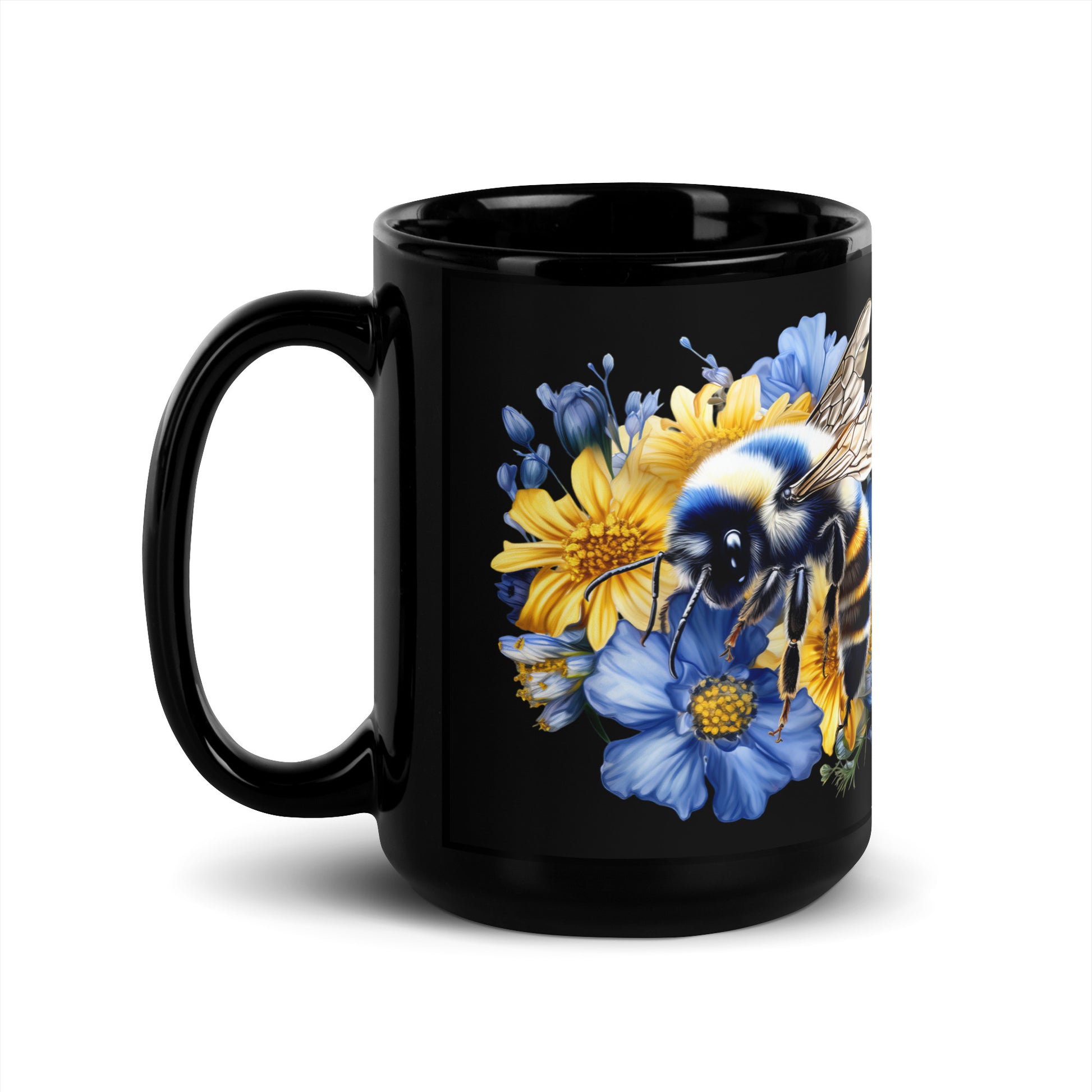 Honey Bee Blue Floral Black Glossy Mug CedarHill Country Market