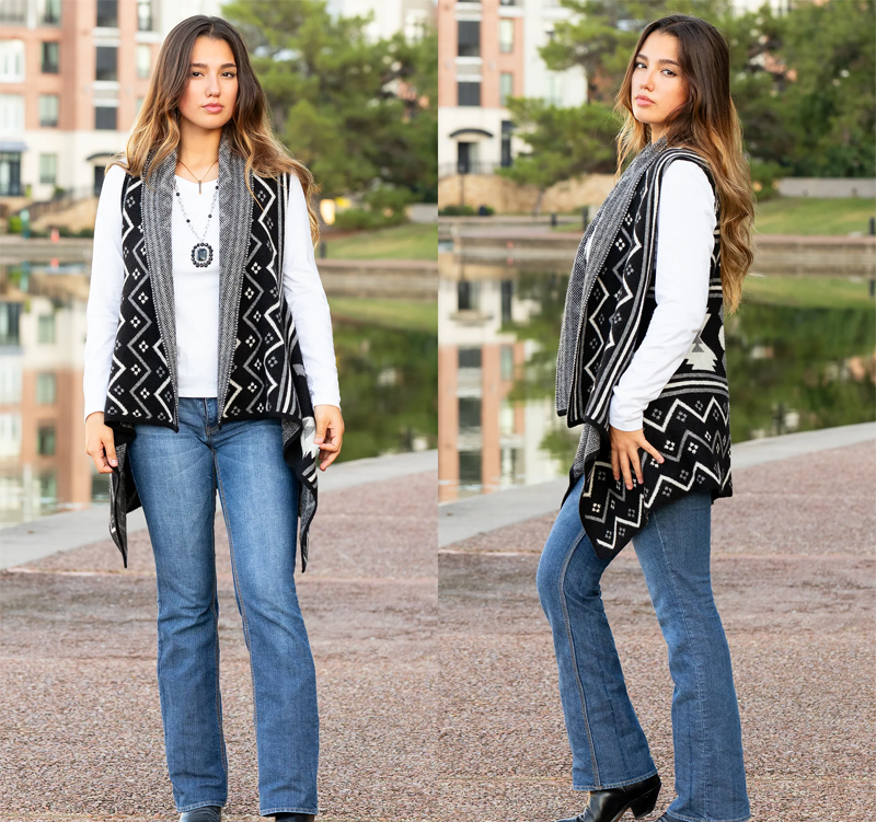 Western Aztec Geometric Print Vest - Black & White