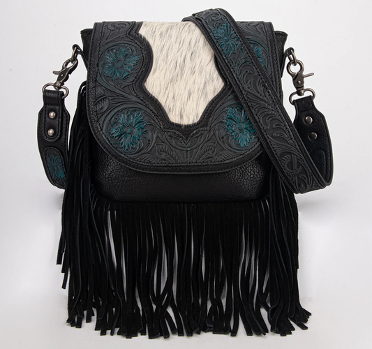 Trinity Ranch Genuine Hair-On Cowhide Tooled Fringe Crossbody Bag Cedar Hill Country Market