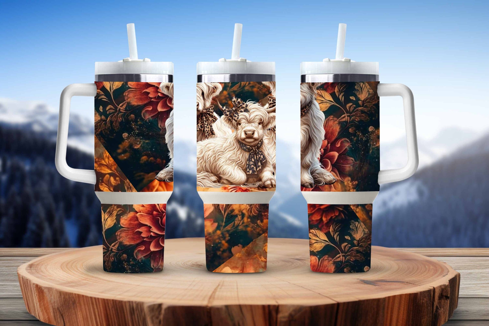 Floral Highland Cow 40 oz. Stainless steel tumbler CedarHill Country Market