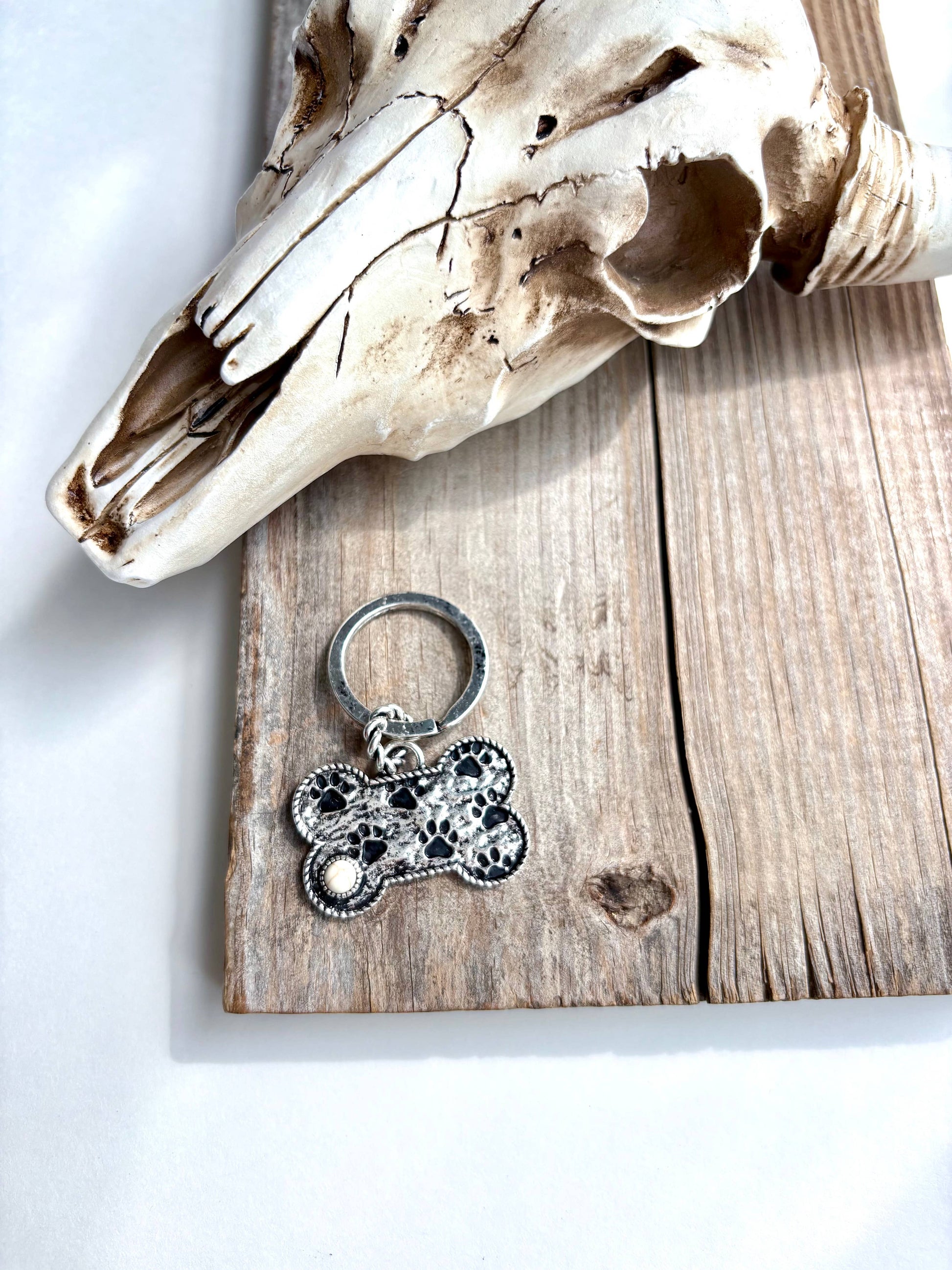 Paw Printed Dog Bone Metal Pendant Keychain Boho Ranch Shop