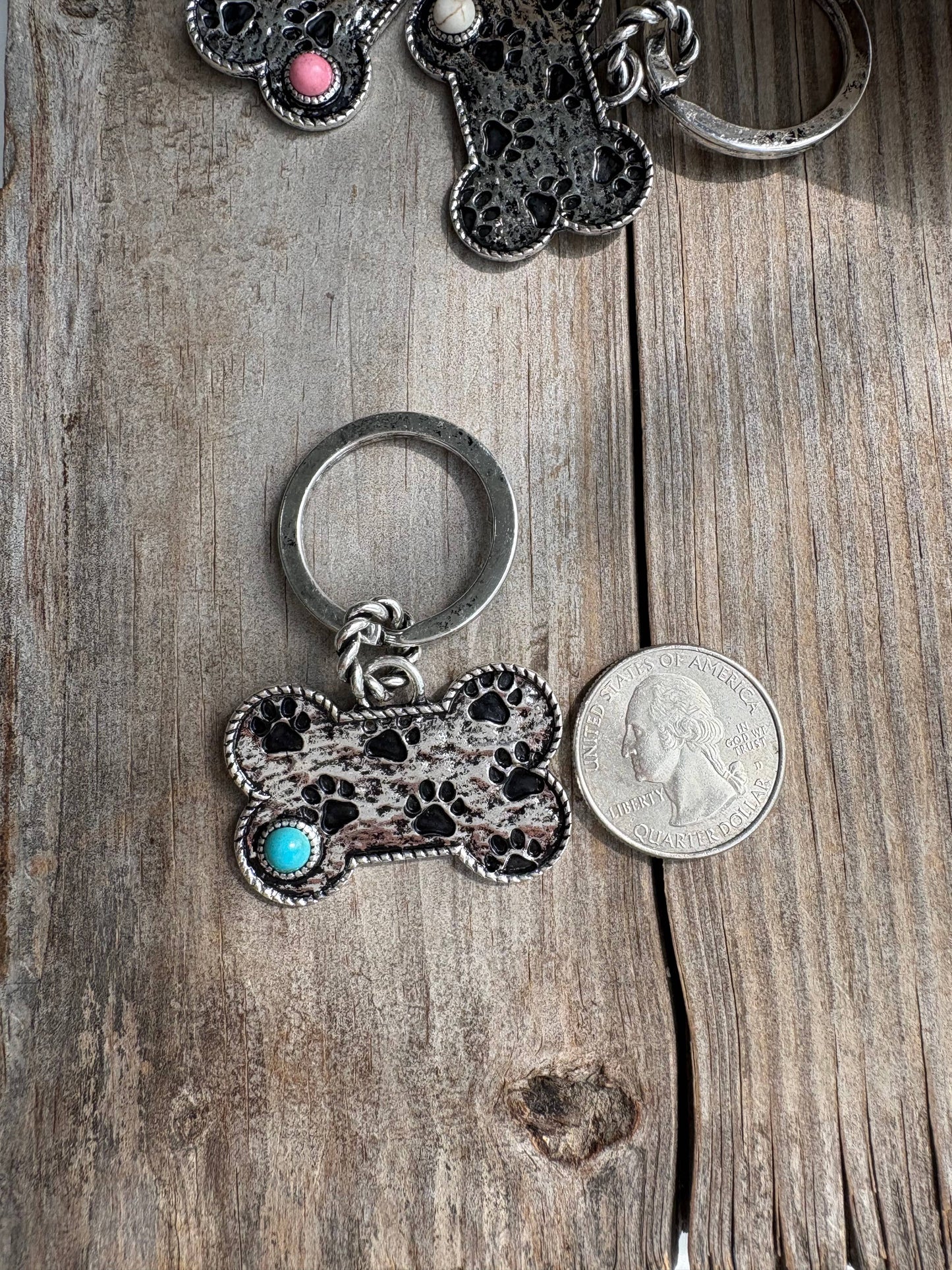 Paw Printed Dog Bone Metal Pendant Keychain Boho Ranch Shop