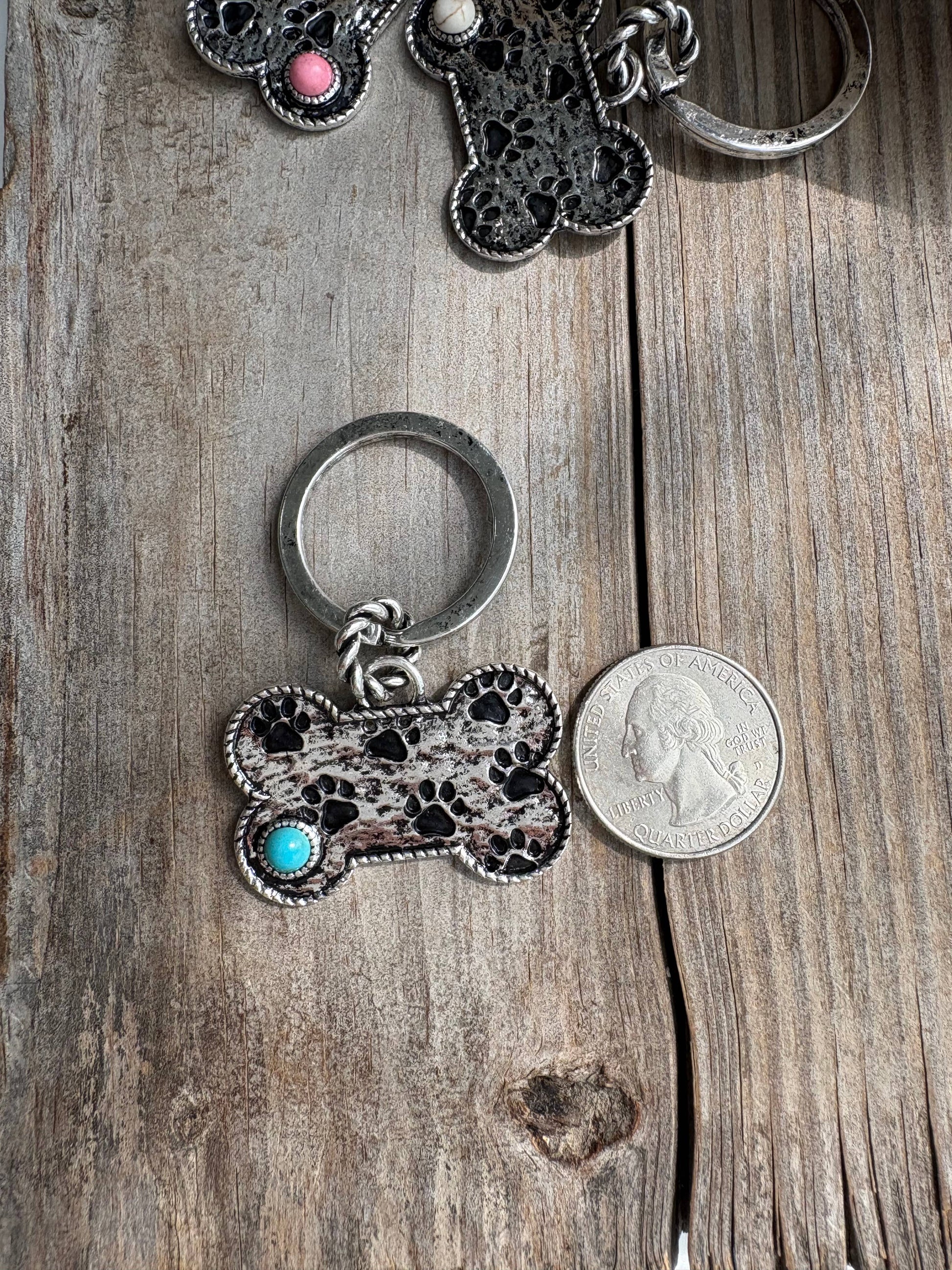Paw Printed Dog Bone Metal Pendant Keychain Boho Ranch Shop