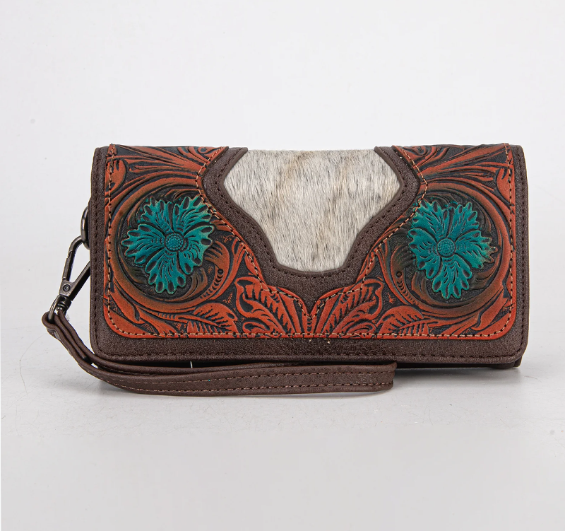 Trinity Ranch Genuine Hair-On Cowhide Tooled Fringe Crossbody Bag with Wallet - BROWN No 714 Cedar Hill Country Market