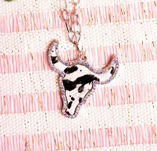 Crystal Avenue Iridescent Crystal Black Cow Steer Pendant Silvertone Necklace 18" Cedar Hill Country Market