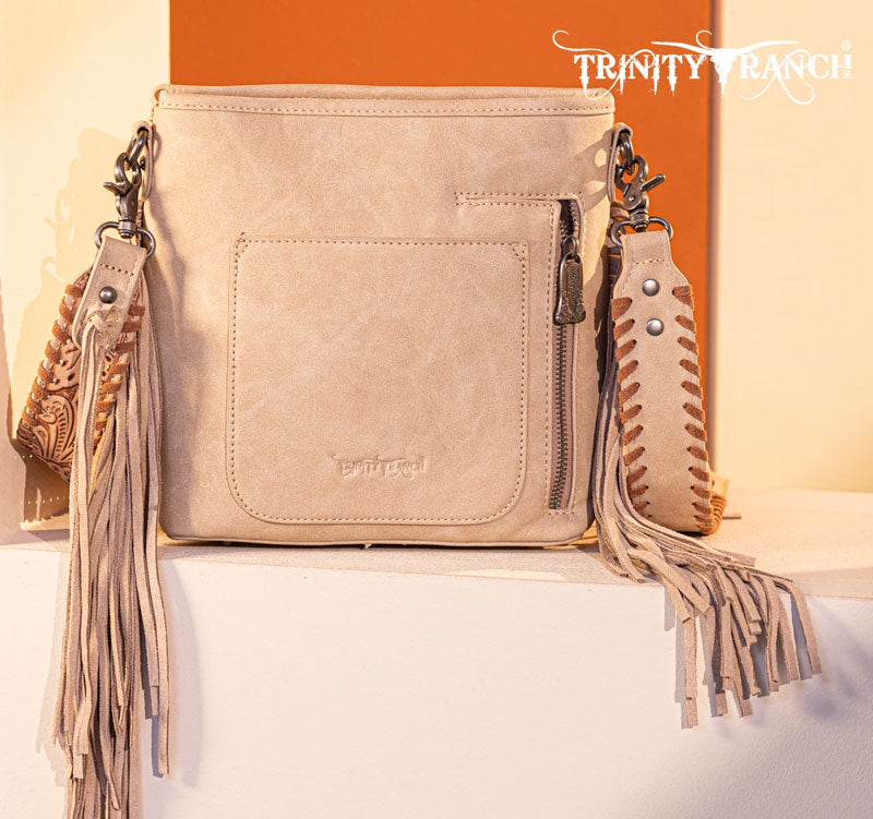 Trinity Ranch Hair-On Cowhide Floral Tooled Concealed Carry Crossbody Bag - Tan Cedar Hill Country Market