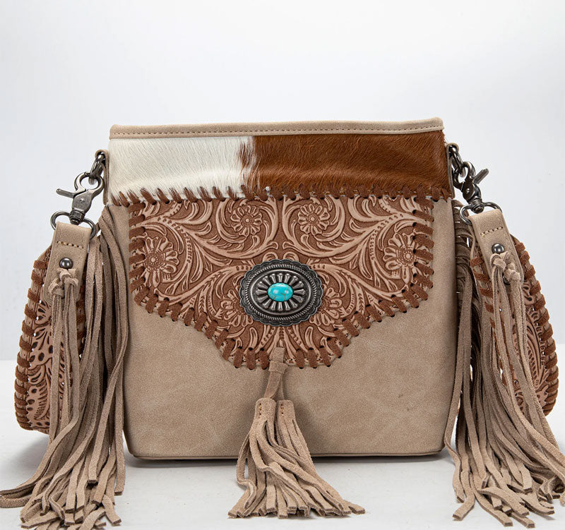 Trinity Ranch Hair-On Cowhide Floral Tooled Concealed Carry Crossbody Bag - Tan Cedar Hill Country Market