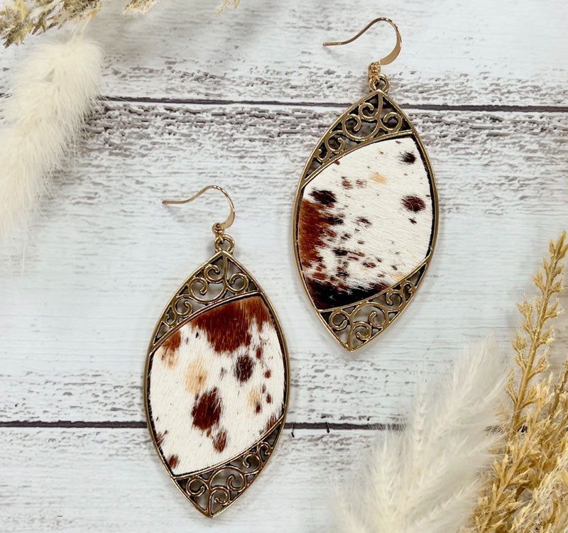 Cowhide Serenade: Gilded Gold Scroll Earrings with A Twist Cedar Hill Country Market