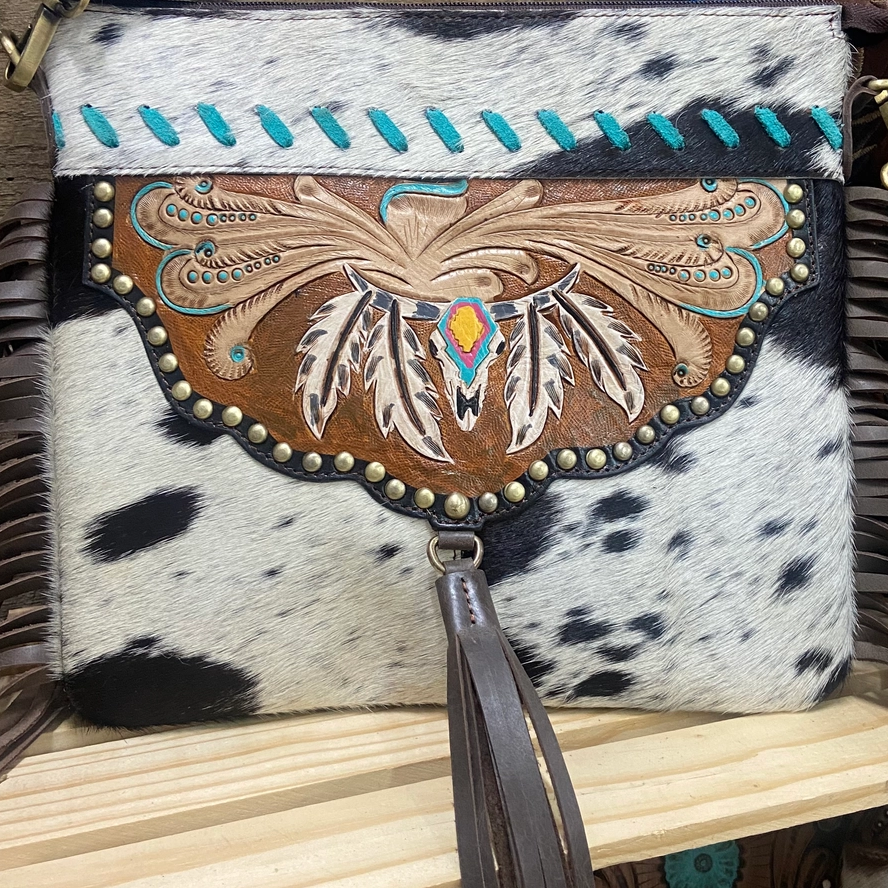 Cowhide Hand Painted Tooled Leather Fringe Purse Cedar Hill Country Market