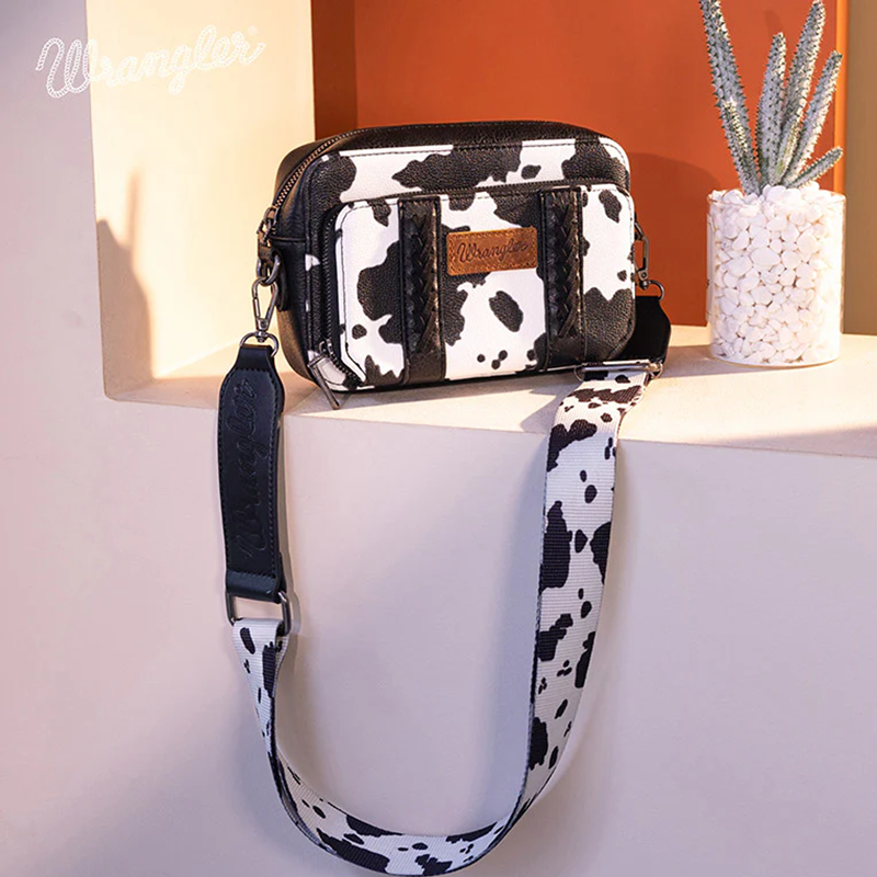 Wrangler Cow Print Crossbody Purse With Wallet Compartment - Black Cedar Hill Country Market