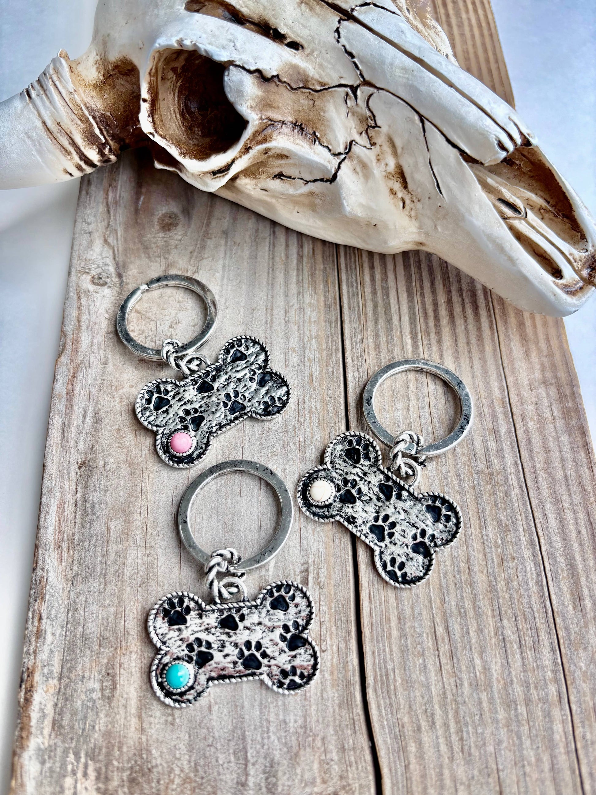 Paw Printed Dog Bone Metal Pendant Keychain Boho Ranch Shop