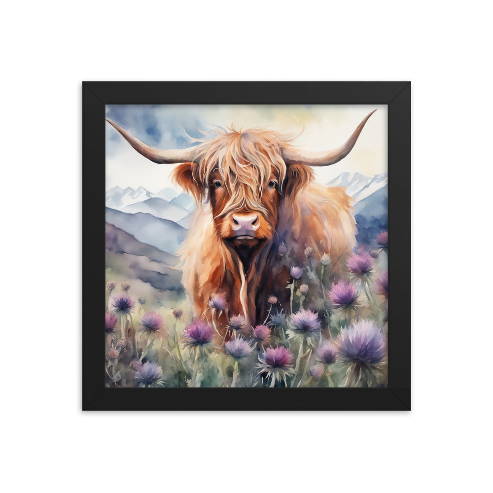 Highlander Cow in Purple Pom Flowers Framed poster CedarHill Country Market