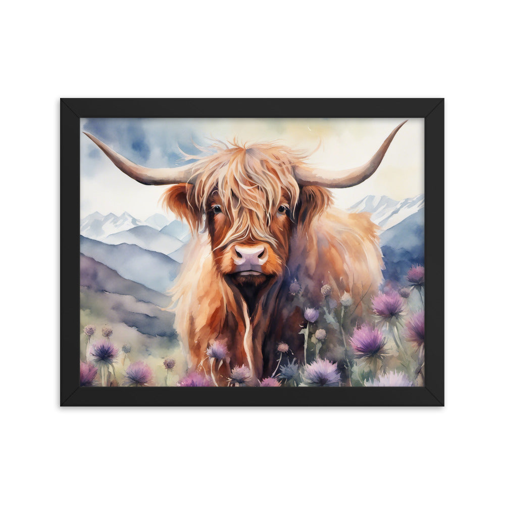 Highlander Cow in Purple Pom Flowers Framed poster CedarHill Country Market