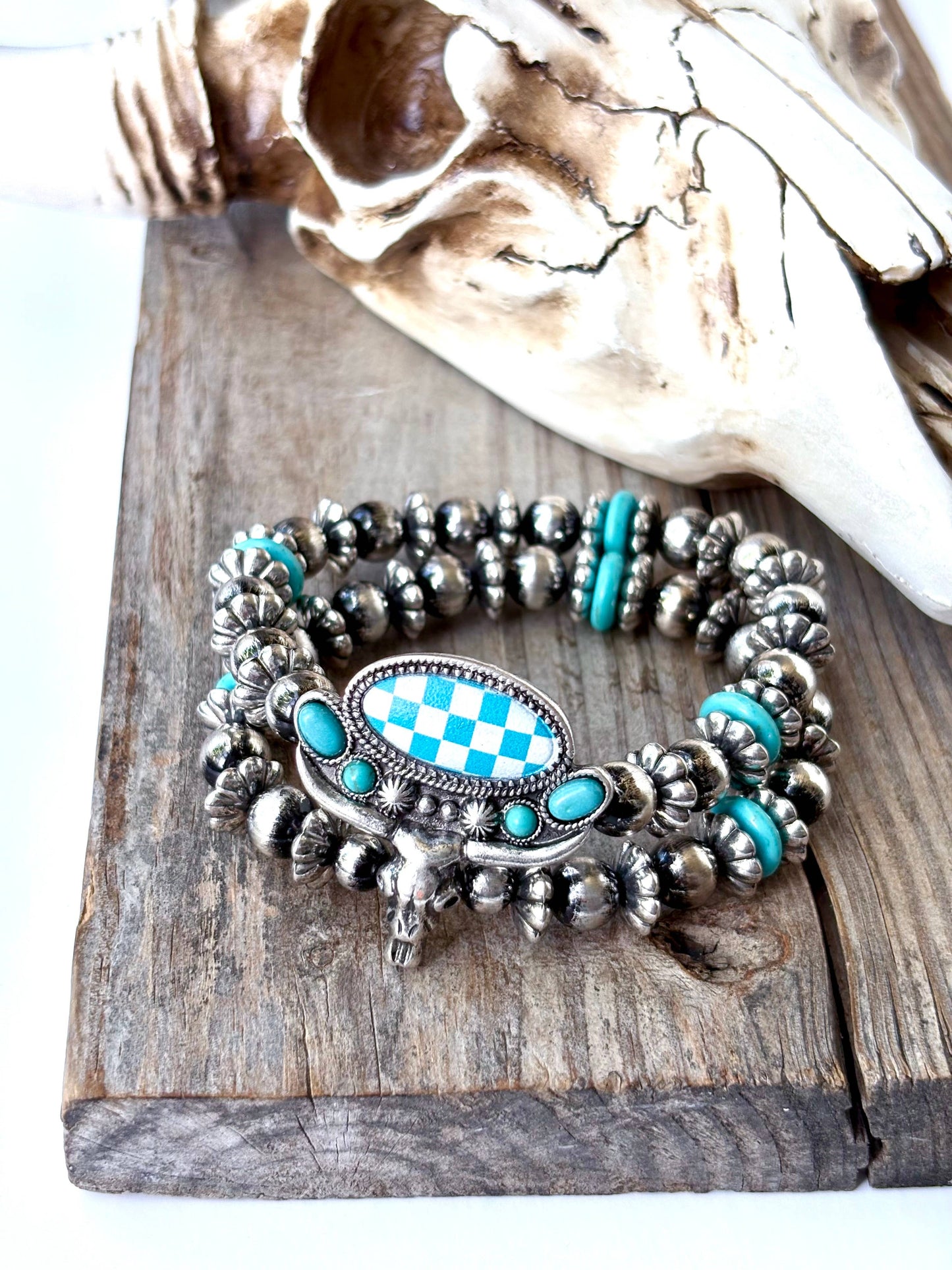 2 Layered Western Steerhead Checkerboard Stretch Bracelet Boho Ranch Shop