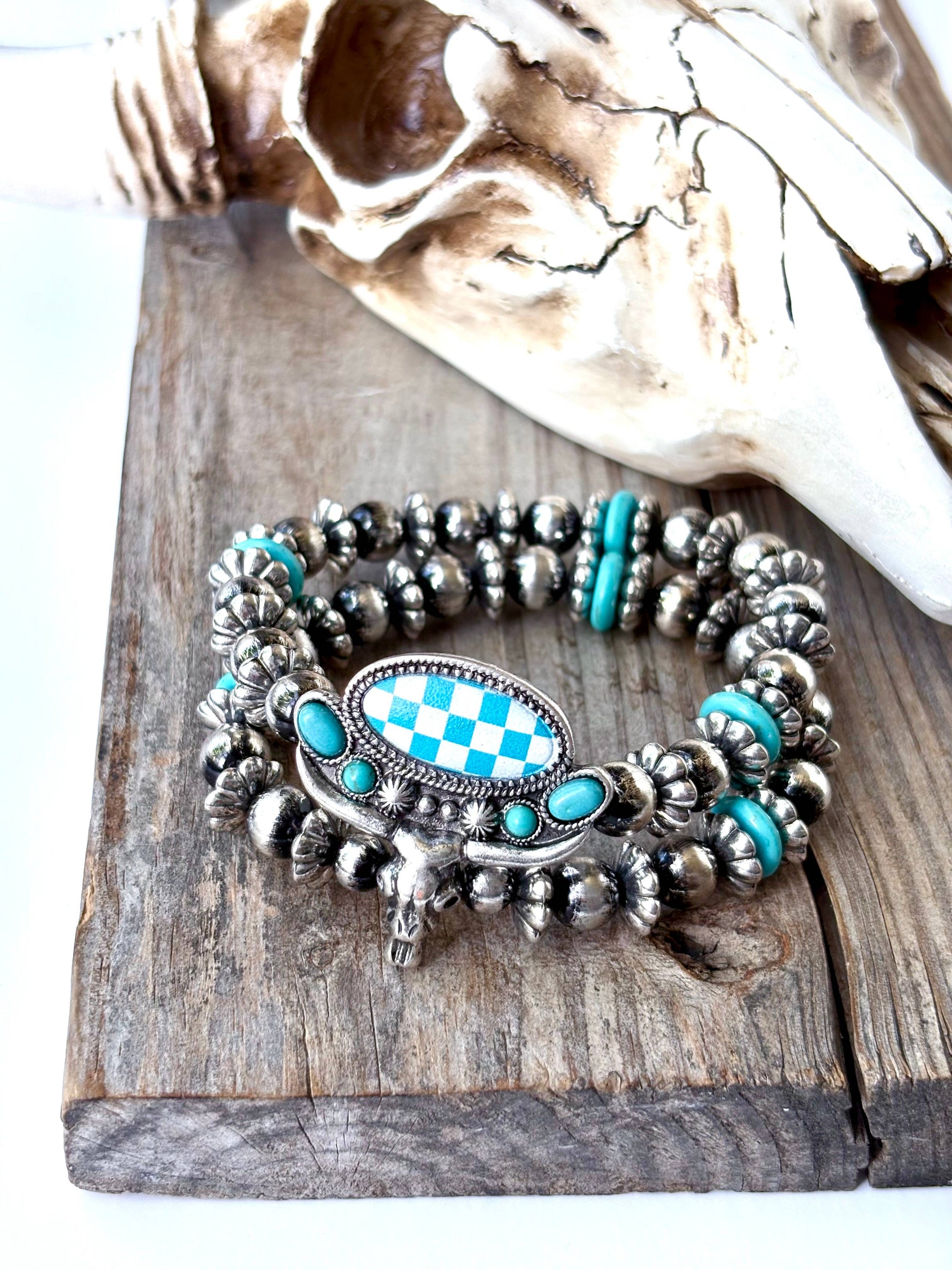 2 Layered Western Steerhead Checkerboard Stretch Bracelet Boho Ranch Shop