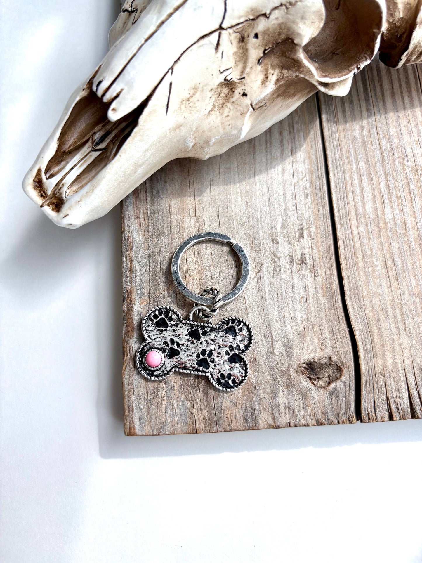 Paw Printed Dog Bone Metal Pendant Keychain Boho Ranch Shop