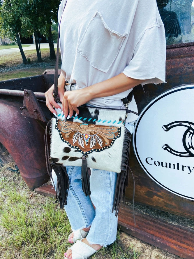 Cowhide Hand Painted Tooled Leather Fringe Purse Cedar Hill Country Market